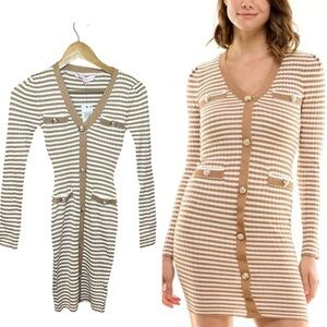 NWT Almost Famous V Neck Ribbed Dress S Striped Bodycon Button Camel Brown